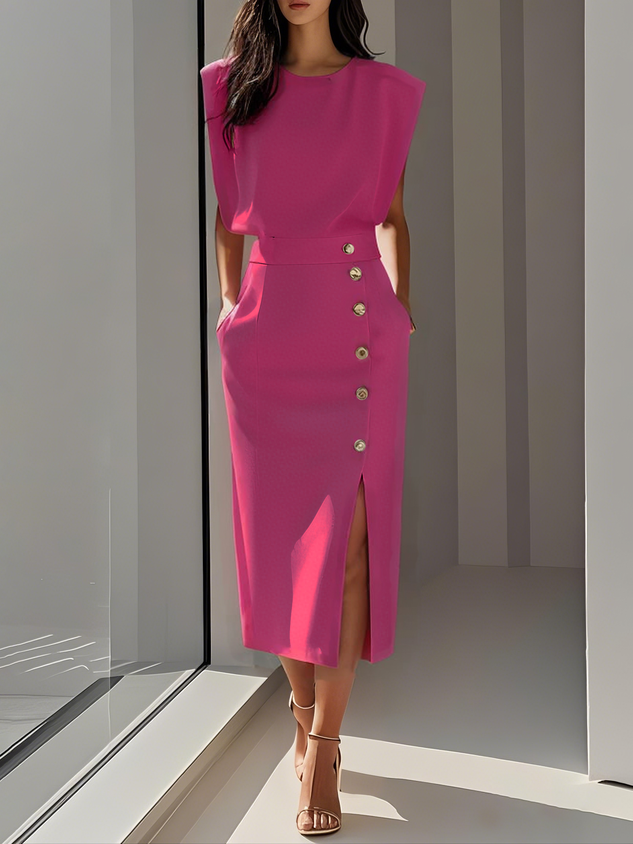 GENEVIEVE | MIDJURK MET GEVOERDE SCHOUWERS EN KNOOPDETAIL MET SPLIT
