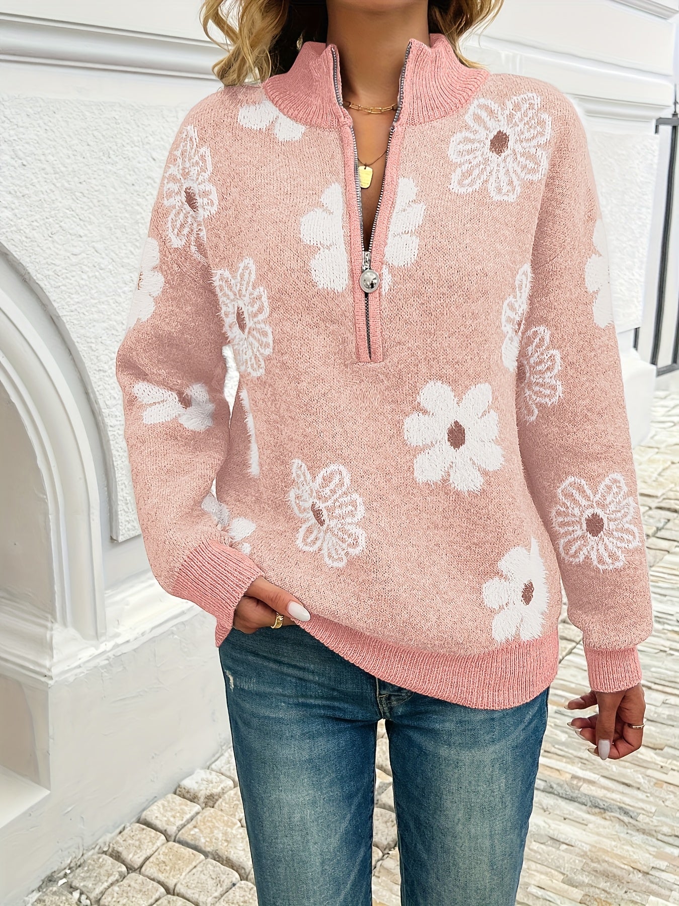 Marnie | Bloemen Halve-Zip Pullover Trui