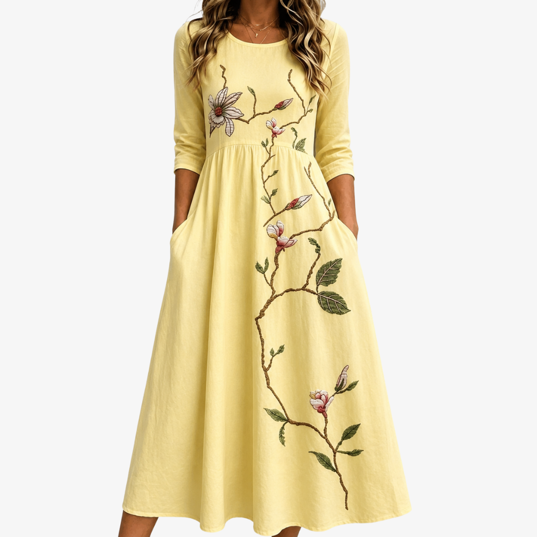 ISABELLA | Gouden Bloesem Pocket Midi Jurk