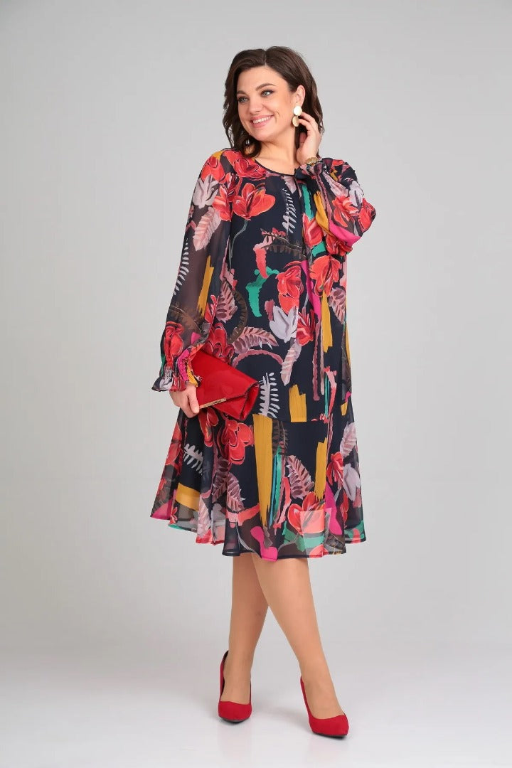 MARGOT | DUIDELIJKE FLORELE PRINT LANGEMOUW CHIFFON MIDI JURK