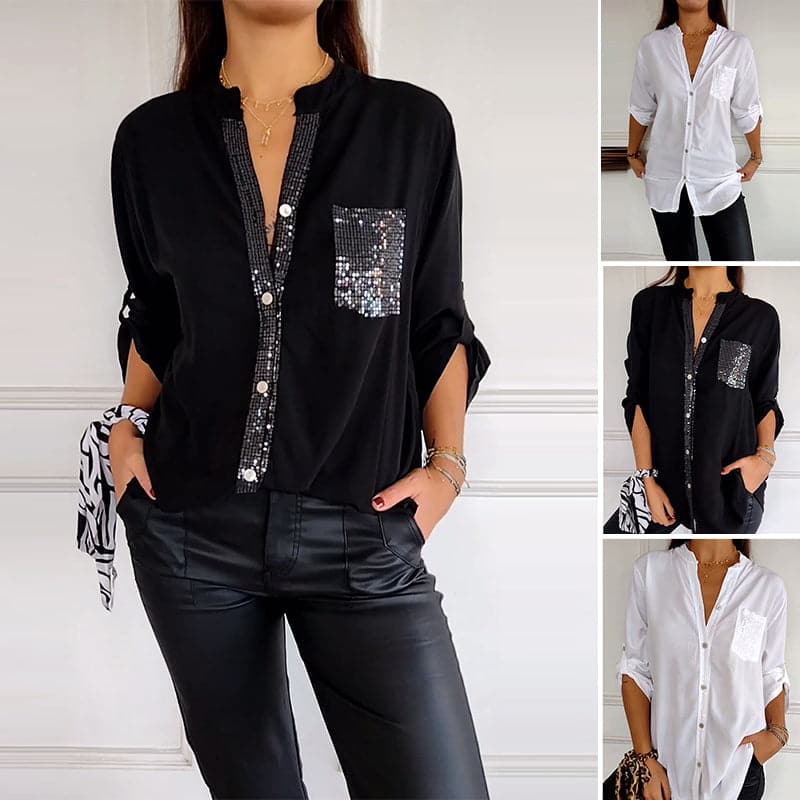 VERITY | SHIRT MET PAILLETTENAFWERKING EN KNOPEN