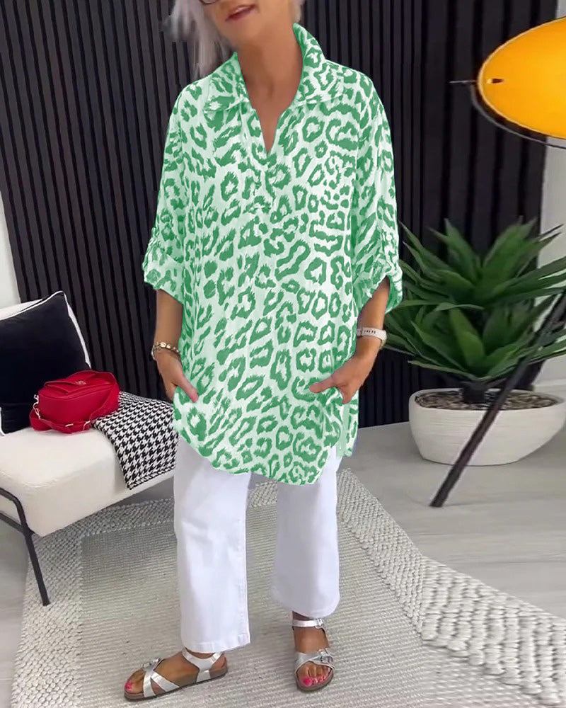 Isobel™ Elegante Kraag Blouse met Luipaardprint