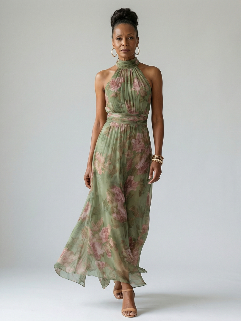 Mirelle™ Geplooide Halter Midi Jurk