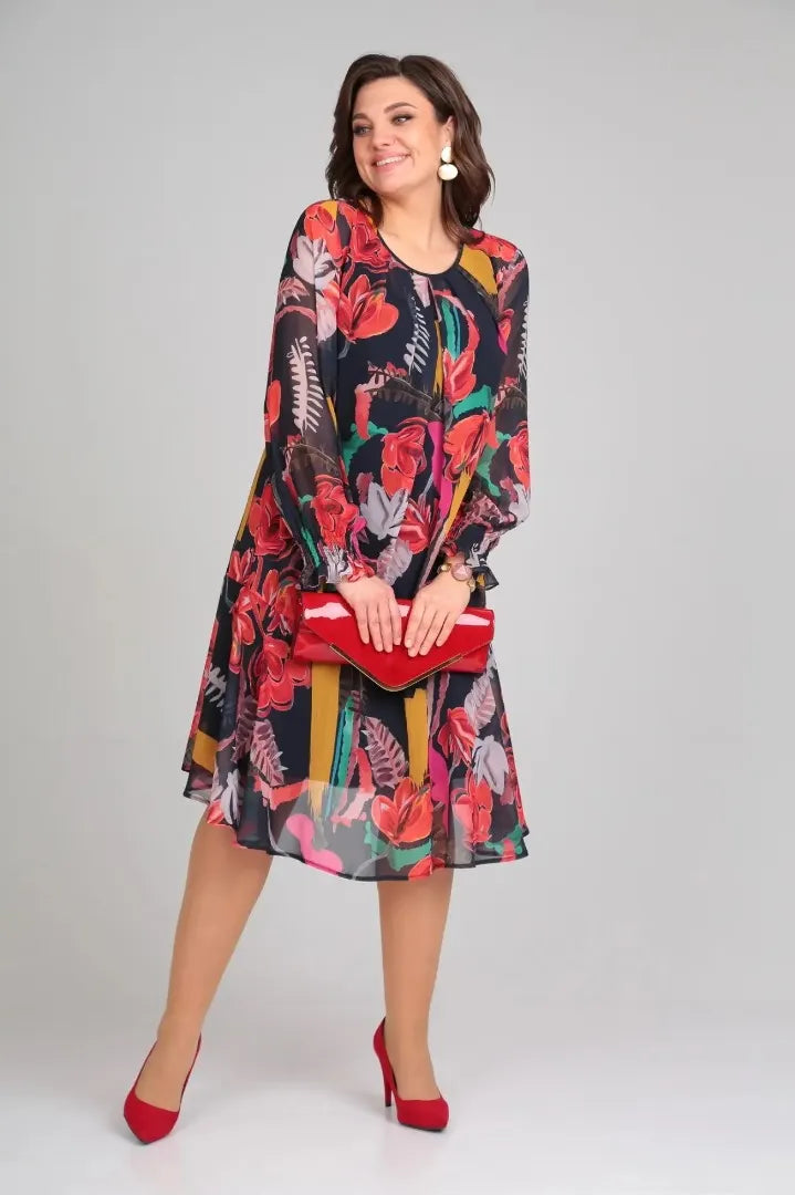 MARGOT | DUIDELIJKE FLORELE PRINT LANGEMOUW CHIFFON MIDI JURK