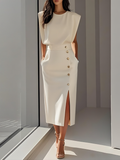 GENEVIEVE | MIDJURK MET GEVOERDE SCHOUWERS EN KNOOPDETAIL MET SPLIT