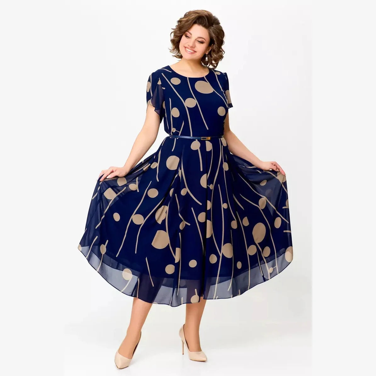 IVY | NAVY POLKA DOT PRINT CHIFFON MIDI JURK