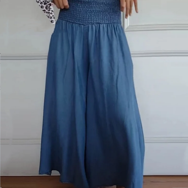 BLYTHE | BREDE-PANTY HOOG-WAIST SMOCKED DENIM BROEKEN