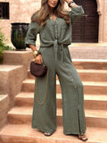 ODETTE | STRIK-VOREN SHIRT & BREDE BEEN KNOOP ZIJ TROUSER SET