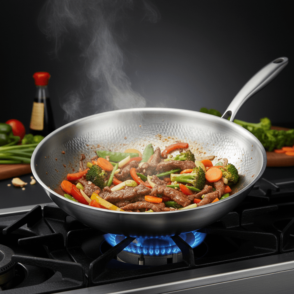 Gehamerde Titanium wokpan met vlakke bodem