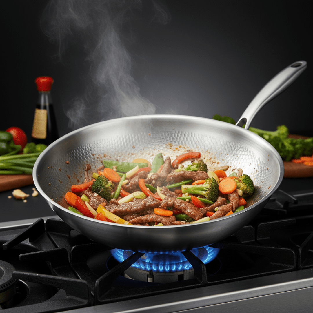 Gehamerde Titanium wokpan met vlakke bodem