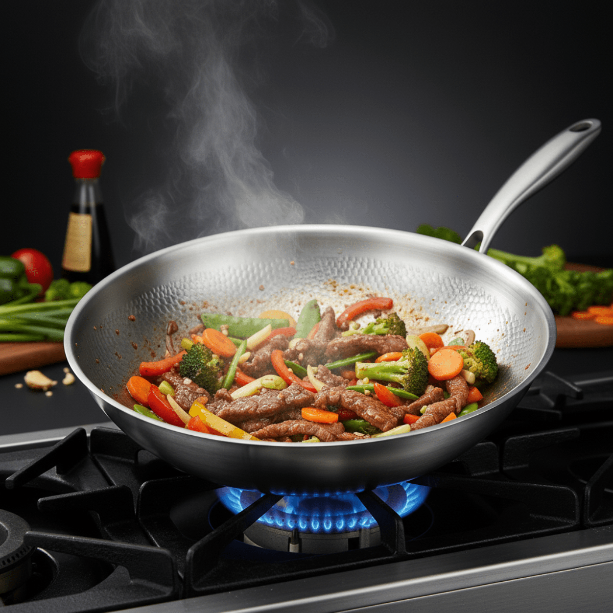Gehamerde Titanium wokpan met vlakke bodem