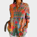 SADIE | ZONOVERGOTEN WILDFLOWER PATCHWORK KNOP-VOREN BLOUSE
