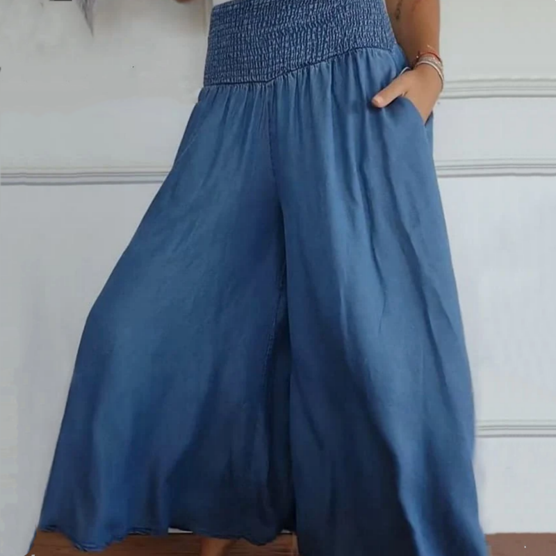 BLYTHE | BREDE-PANTY HOOG-WAIST SMOCKED DENIM BROEKEN
