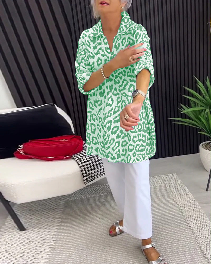 Isobel™ Elegante Kraag Blouse met Luipaardprint