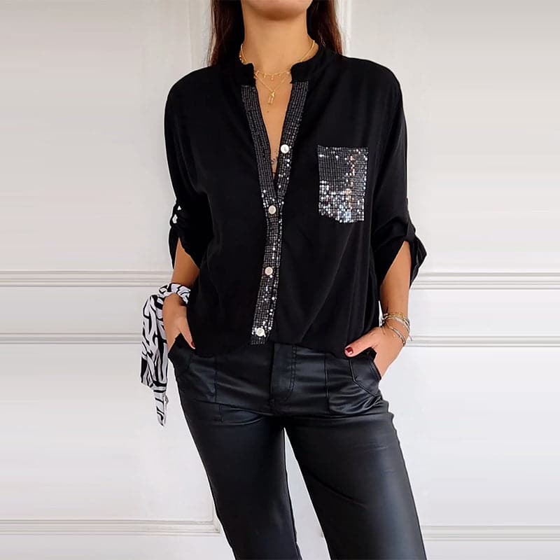 VERITY | SHIRT MET PAILLETTENAFWERKING EN KNOPEN