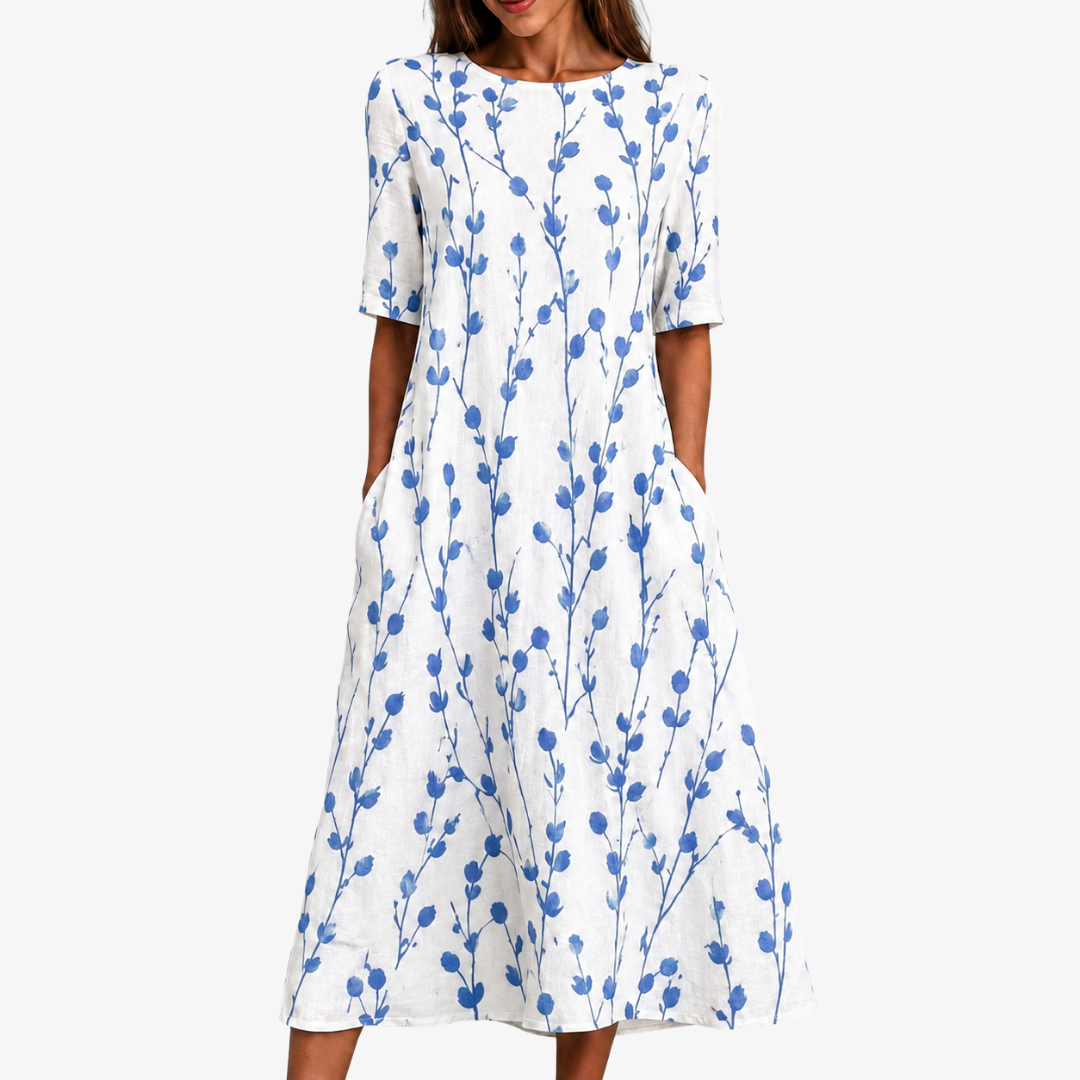 MATILDA | BLAUWE WEIDE BRIES POCKET MIDI JURK