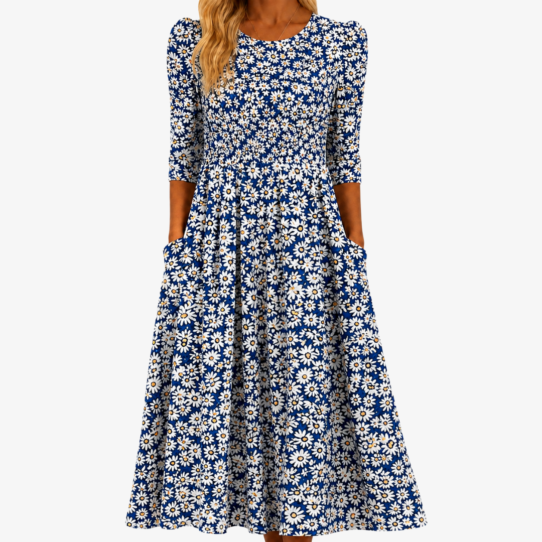 MILA | BLAUWE MADELIEFJES TUIN POCKET MAXI JURK