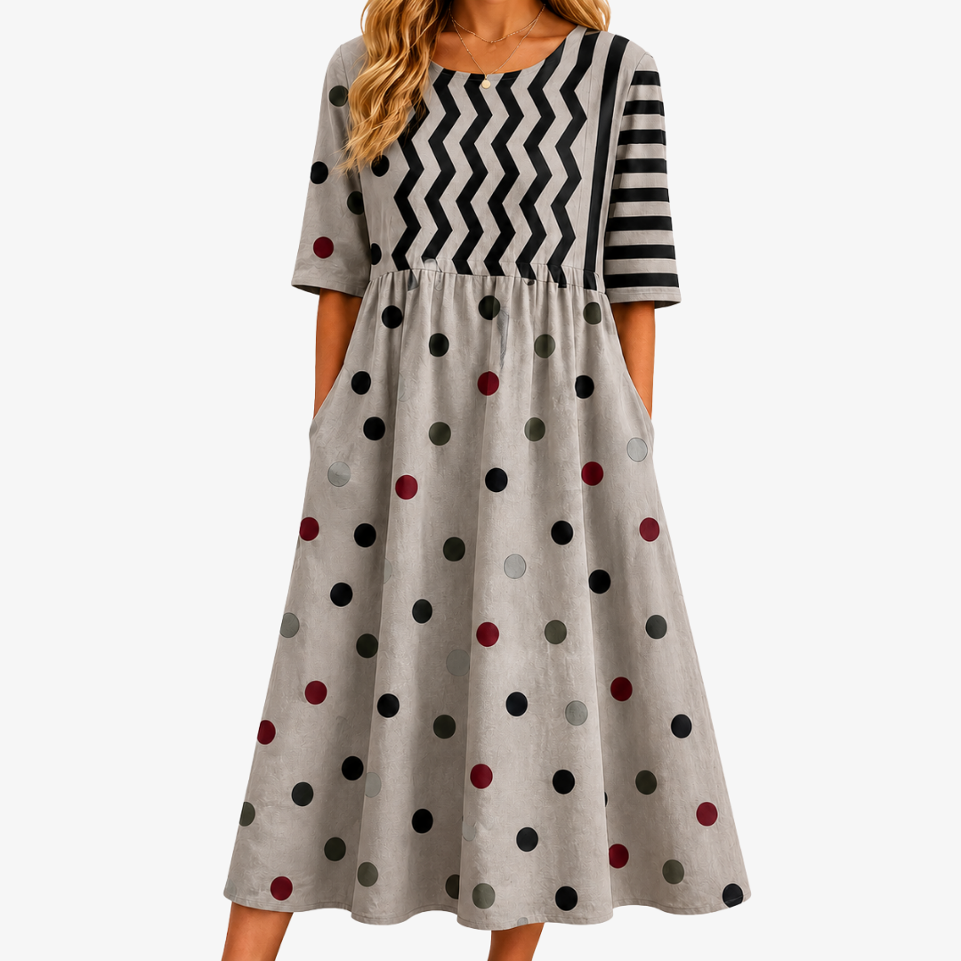 AMELIA | MODERN CHARME GEMENGDE PRINT ZAK MIDI JURK