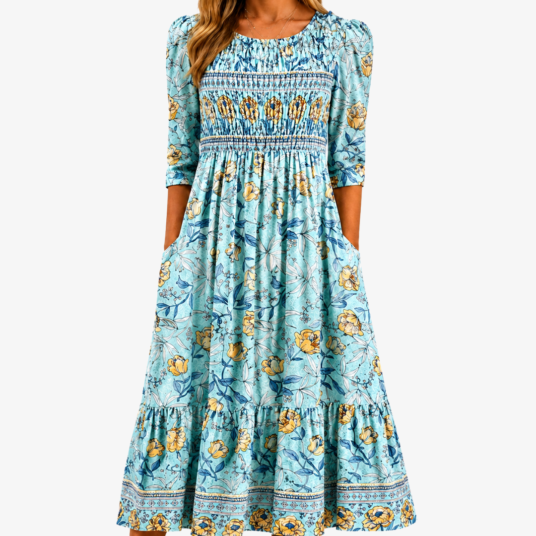 FLORENCE | GOUDE BLOEM SMOCKED TUIN MIDI JURK