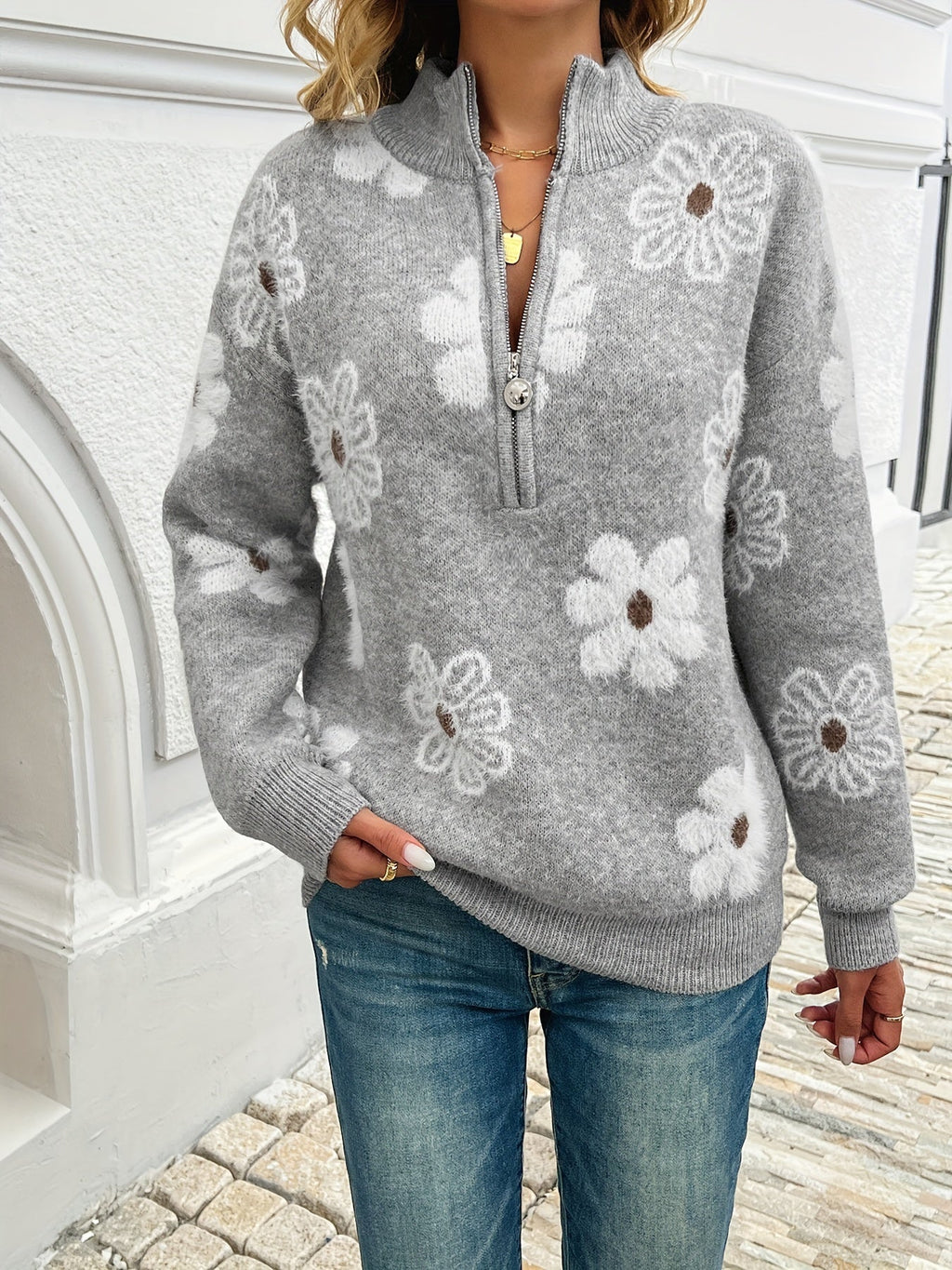 Marnie | Bloemen Halve-Zip Pullover Trui