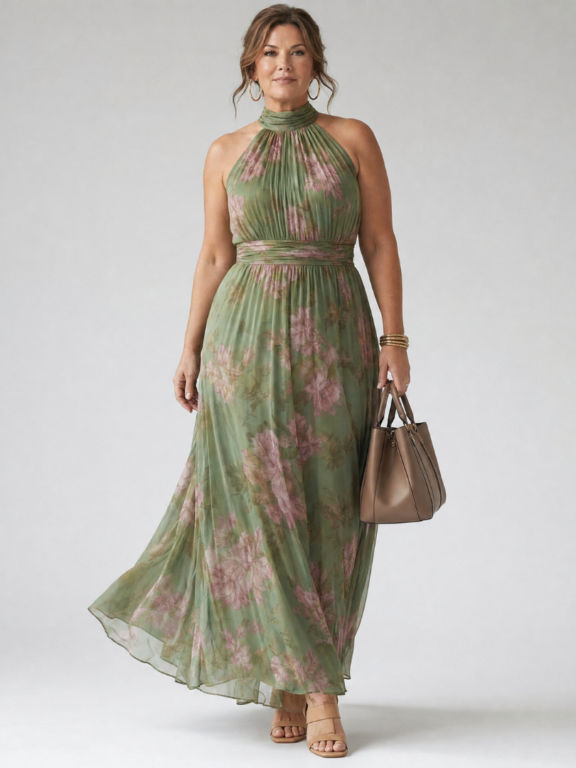 Mirelle™ Geplooide Halter Midi Jurk