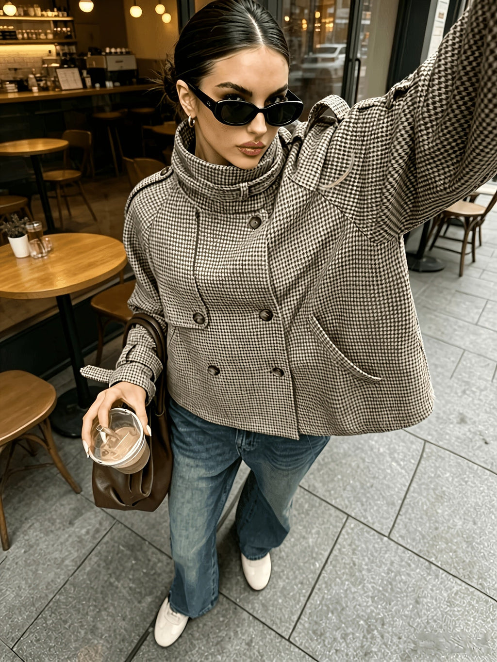 Margaux | Houndstooth Staande-Kraag Jas