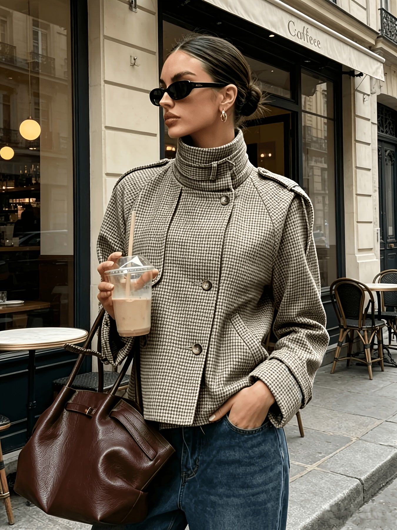 Margaux | Houndstooth Staande-Kraag Jas