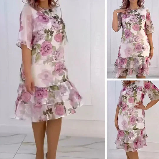 CLARISSA | FLORAAL ROZENPRINT KORTE MOUWEN TIERED MIDI JURK