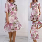 CLARISSA | FLORAAL ROZENPRINT KORTE MOUWEN TIERED MIDI JURK