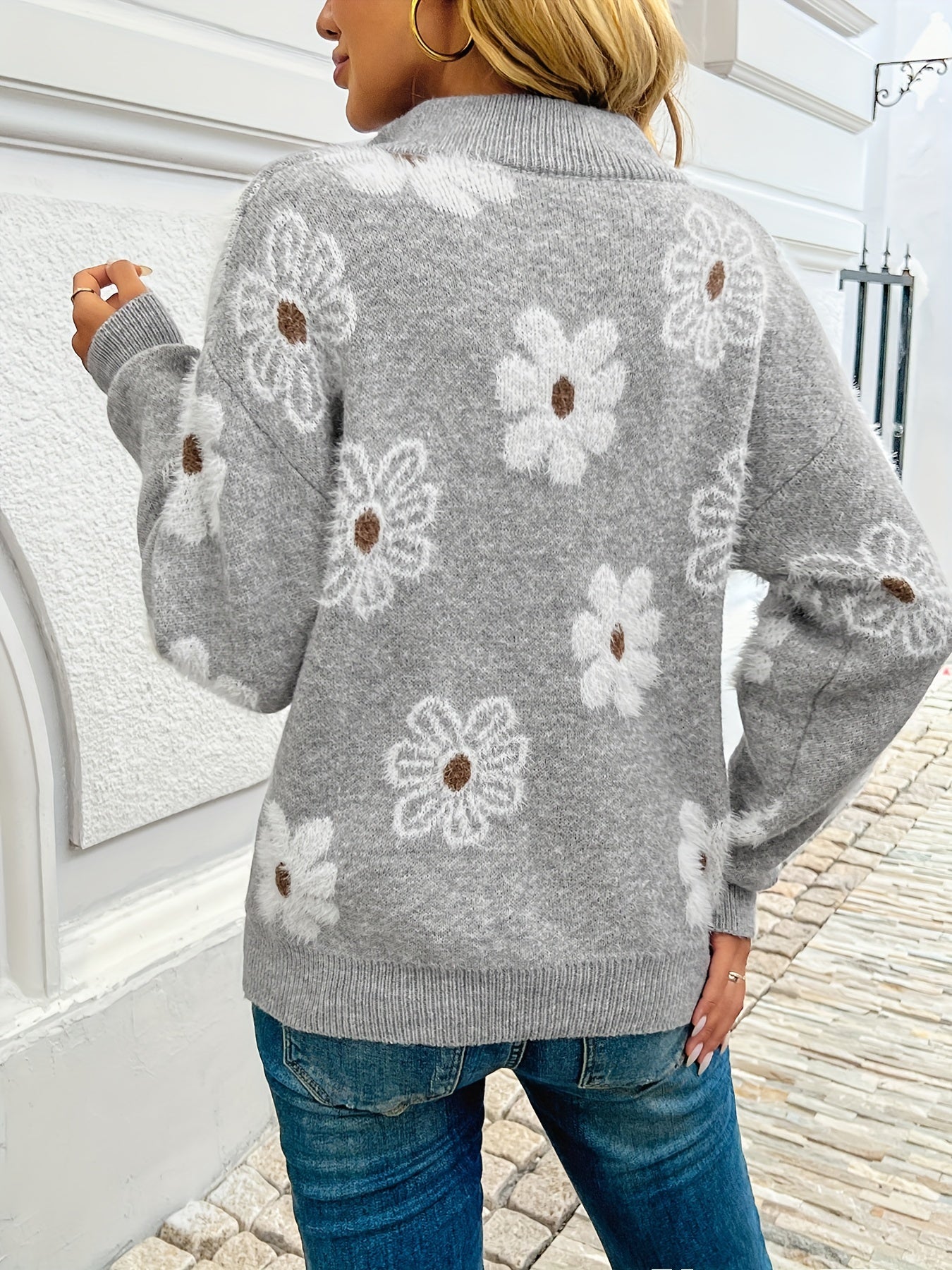 Marnie | Bloemen Halve-Zip Pullover Trui
