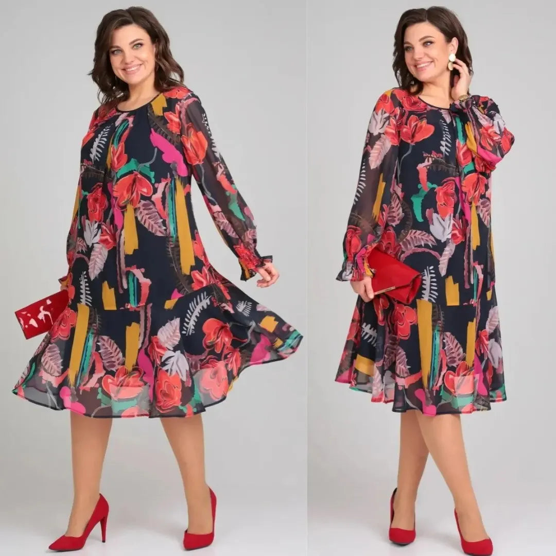 MARGOT | DUIDELIJKE FLORELE PRINT LANGEMOUW CHIFFON MIDI JURK