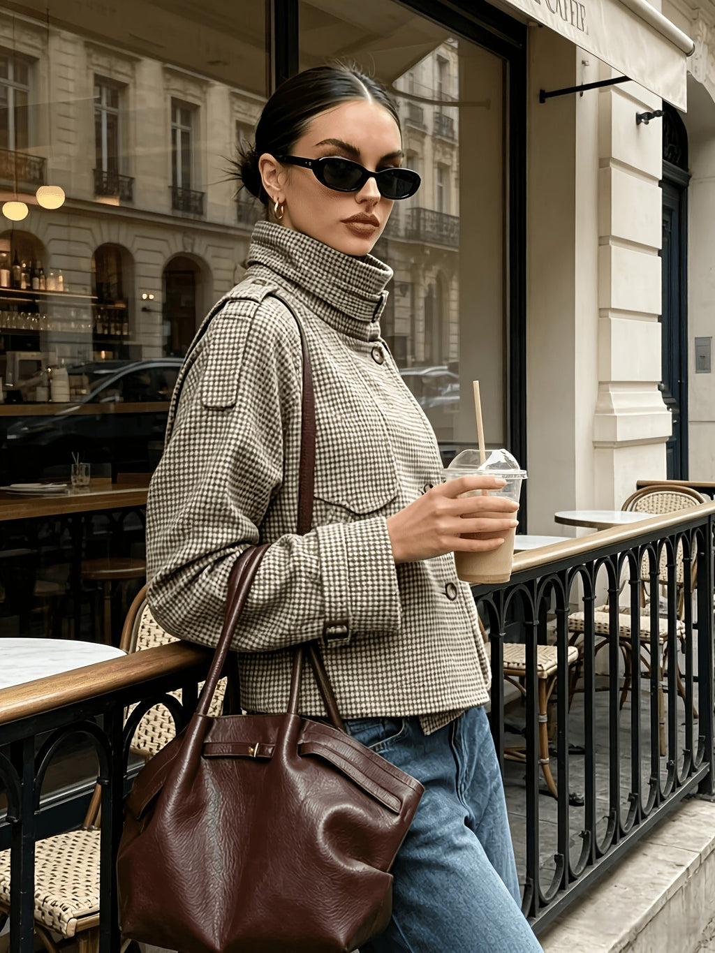 Margaux | Houndstooth Staande-Kraag Jas