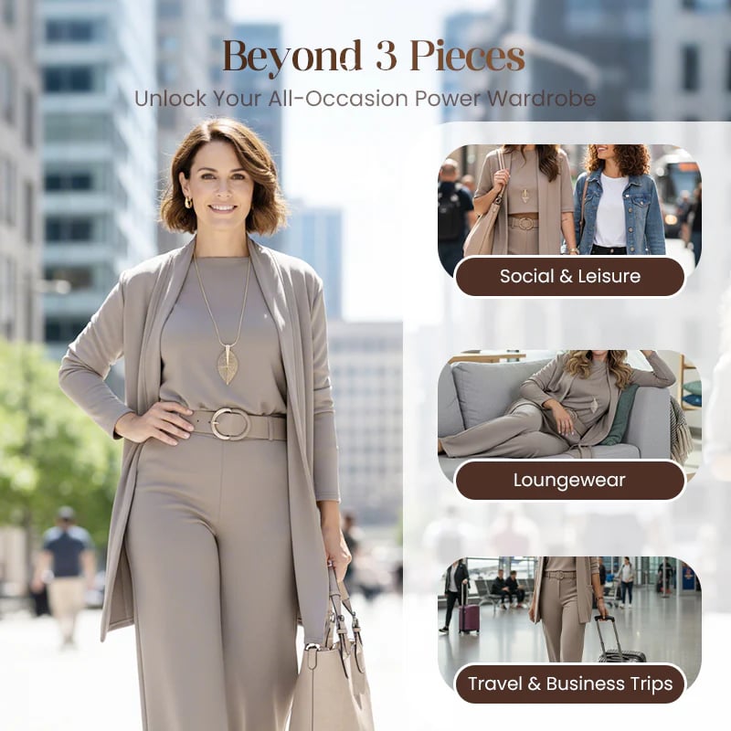 ROSEMARY | ELEGANTE DRIEDELIGE CARDIGAN, TOP & WIDE-LEG BROEKSET