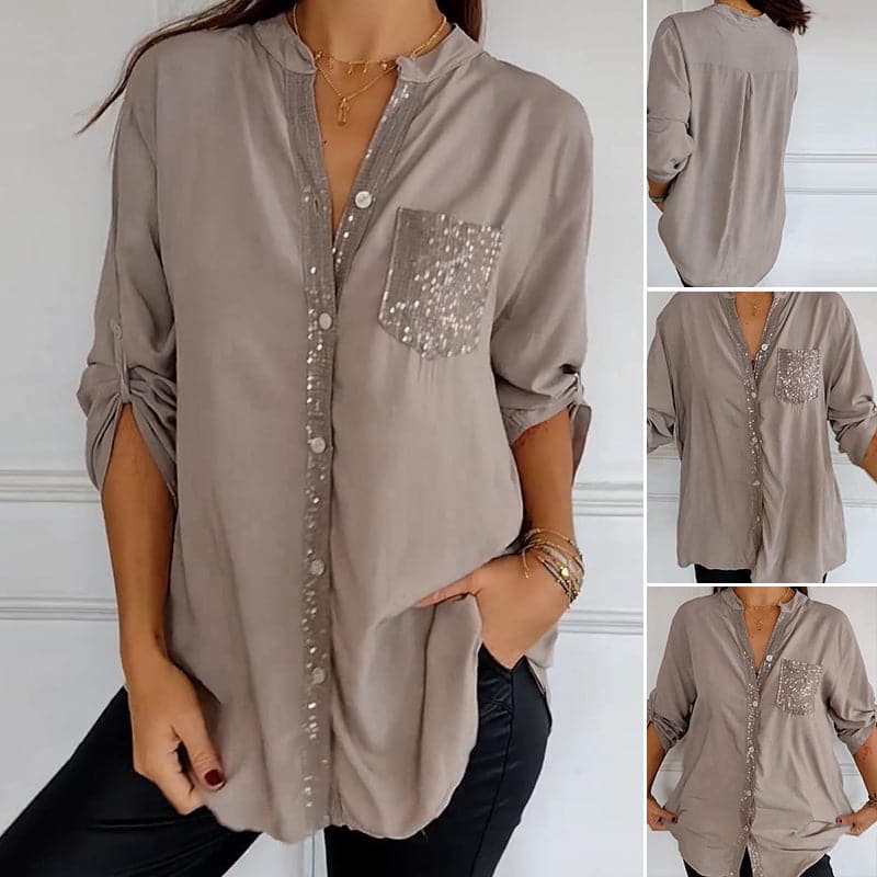VERITY | SHIRT MET PAILLETTENAFWERKING EN KNOPEN