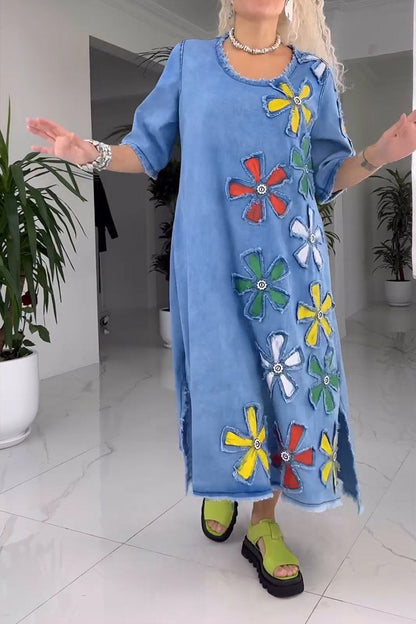 SYLVIE | DENIM BLOEMEN MAXI JURK