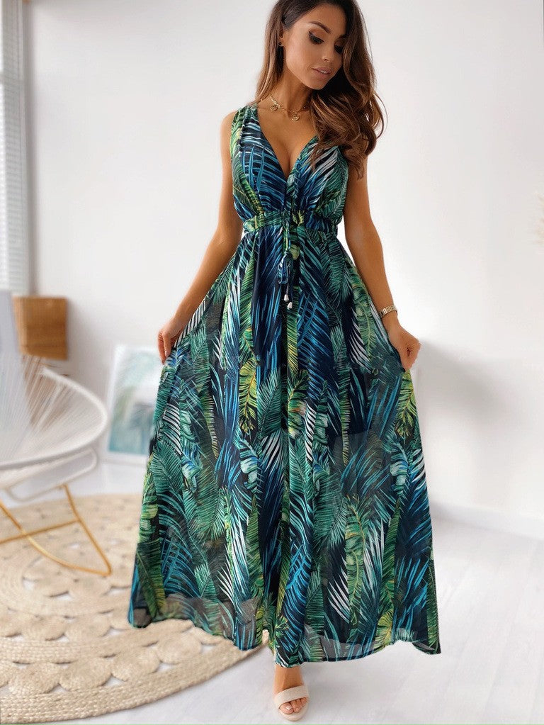 LENORA | TROPISCHE PRINT V-HALS MAXI JURK