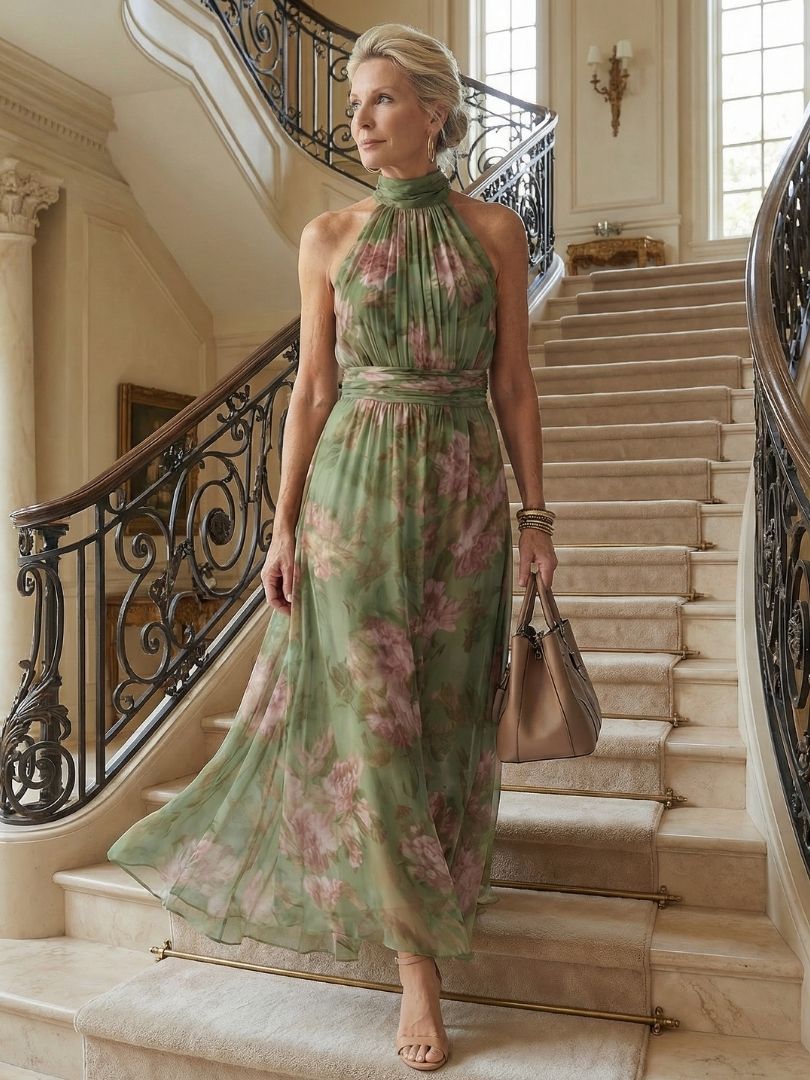 Mirelle™ Geplooide Halter Midi Jurk