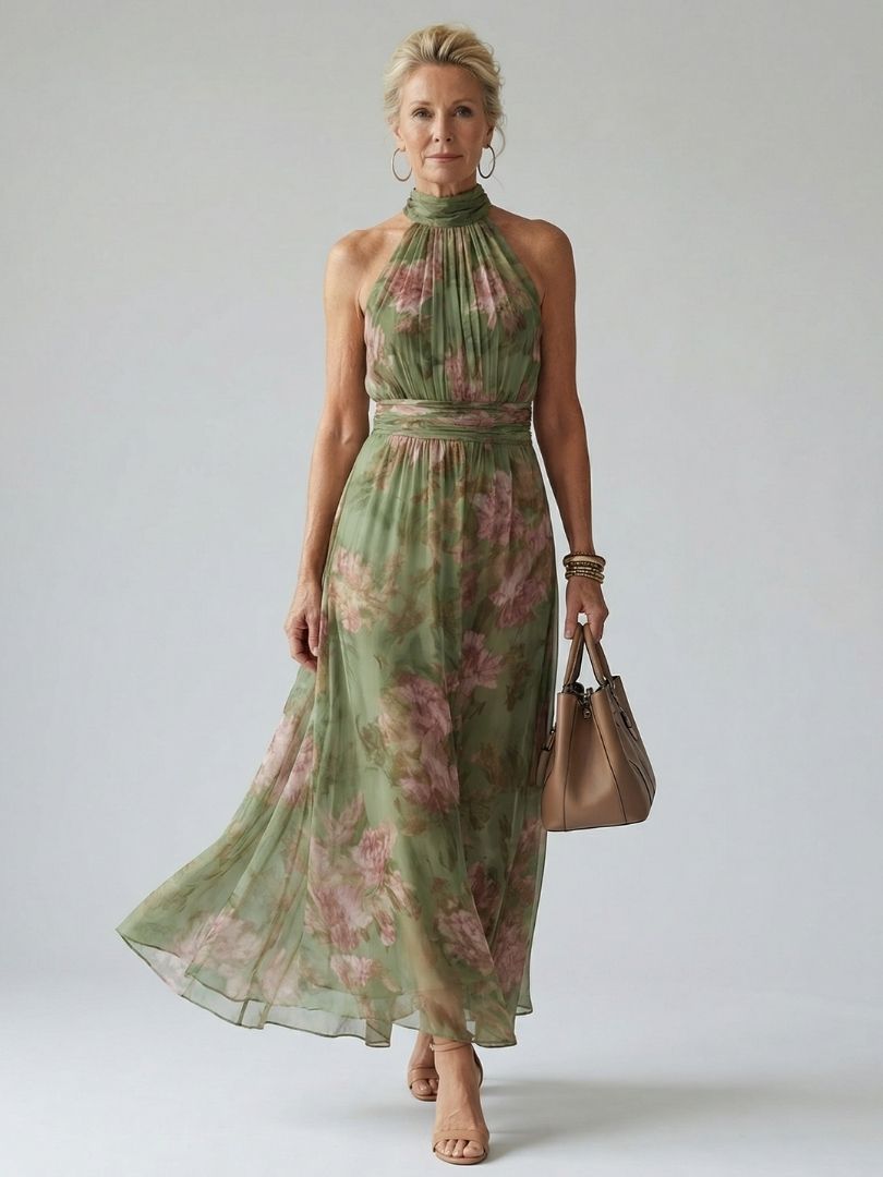 Mirelle™ Geplooide Halter Midi Jurk