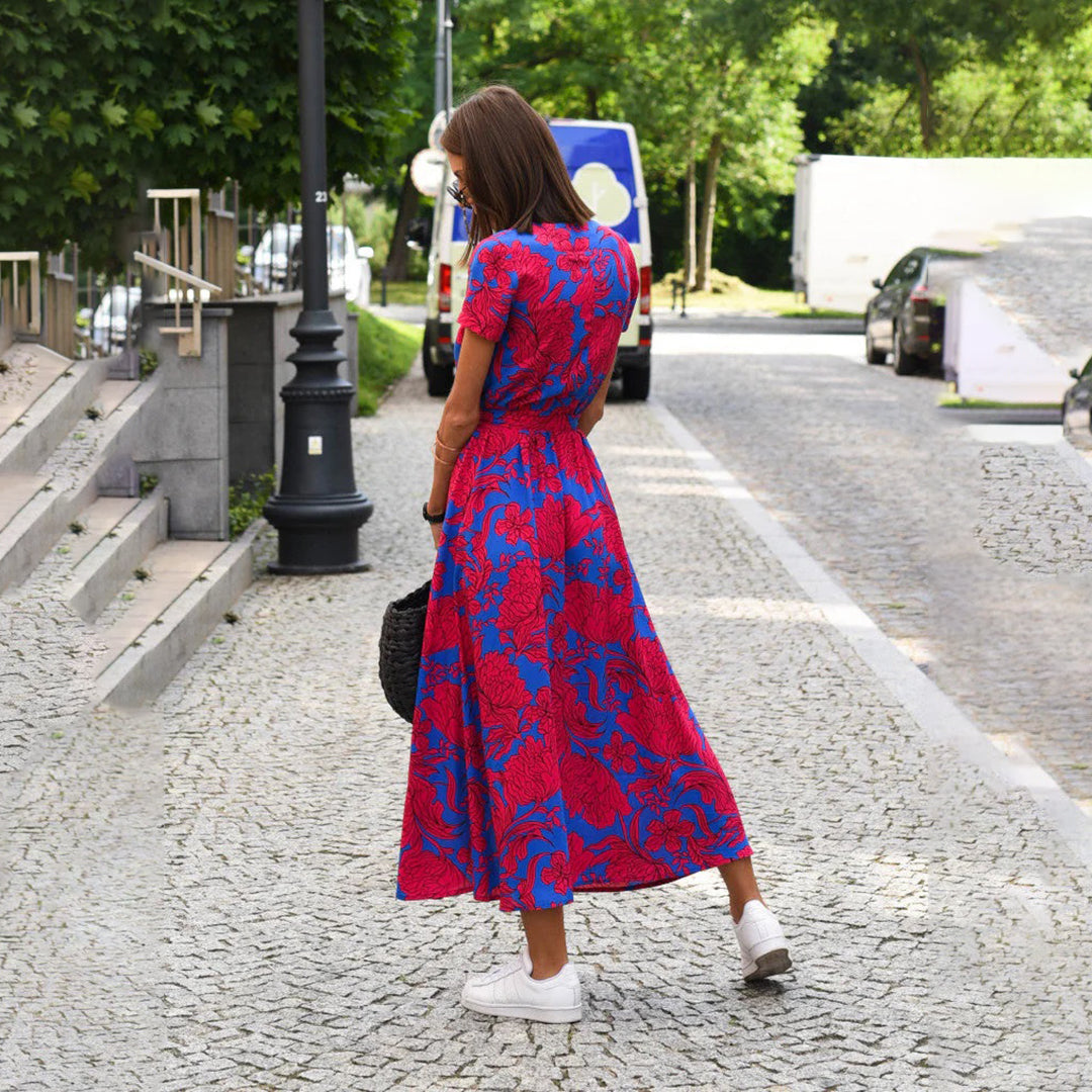 DEBORAH | KORTE MOUWEN BLOEMEN WIKKEL MIDI JURK