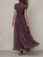 SOPHIE | LANG PAARS DROP-NECK JURK MET CHIFFON KANTAFWERK