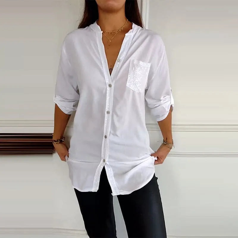 VERITY | SHIRT MET PAILLETTENAFWERKING EN KNOPEN