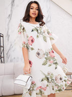 LEANNE | FLORAL CHIFFON KORTE MOUWEN JURK MET RUFFLE HEM