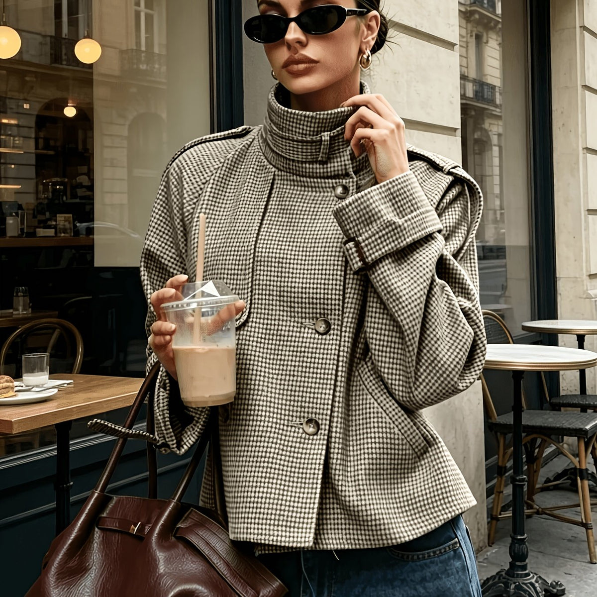 Margaux | Houndstooth Staande-Kraag Jas
