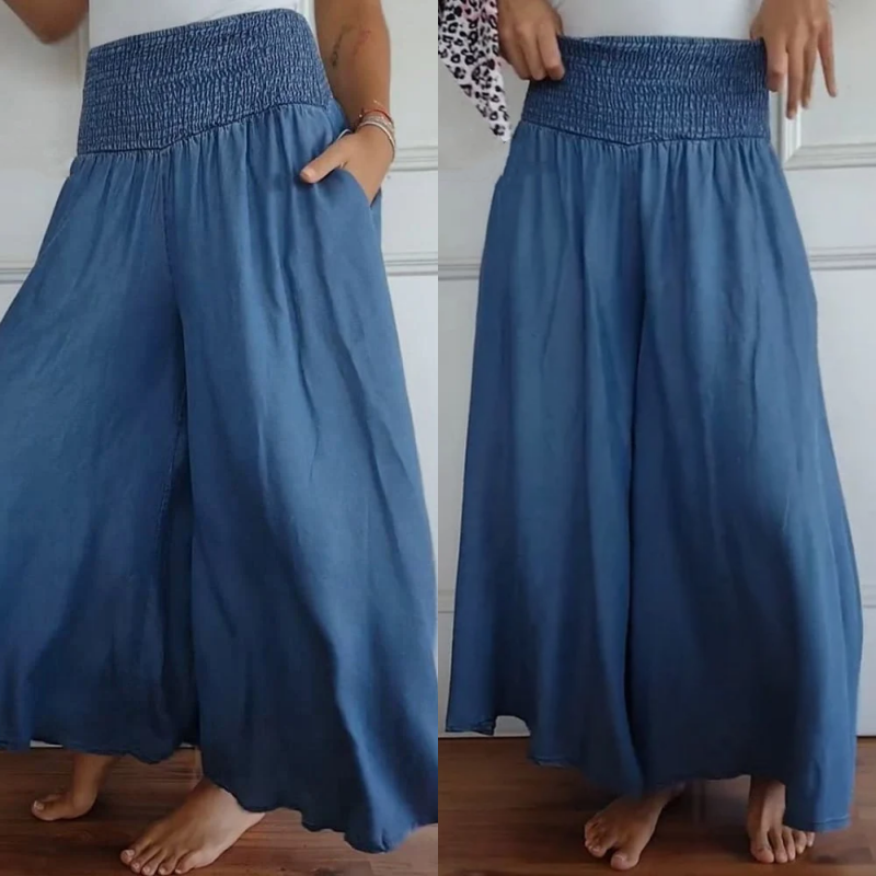 BLYTHE | BREDE-PANTY HOOG-WAIST SMOCKED DENIM BROEKEN