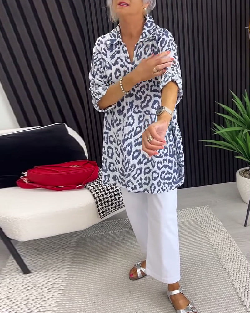 Isobel™ Elegante Kraag Blouse met Luipaardprint