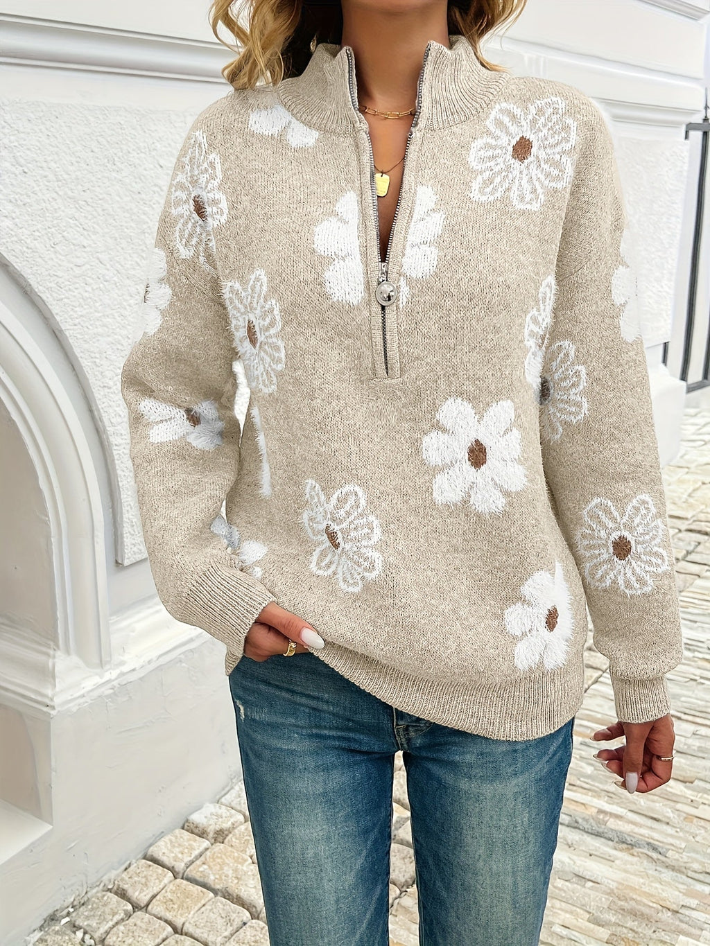 Marnie | Bloemen Halve-Zip Pullover Trui