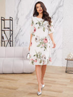 LEANNE | FLORAL CHIFFON KORTE MOUWEN JURK MET RUFFLE HEM