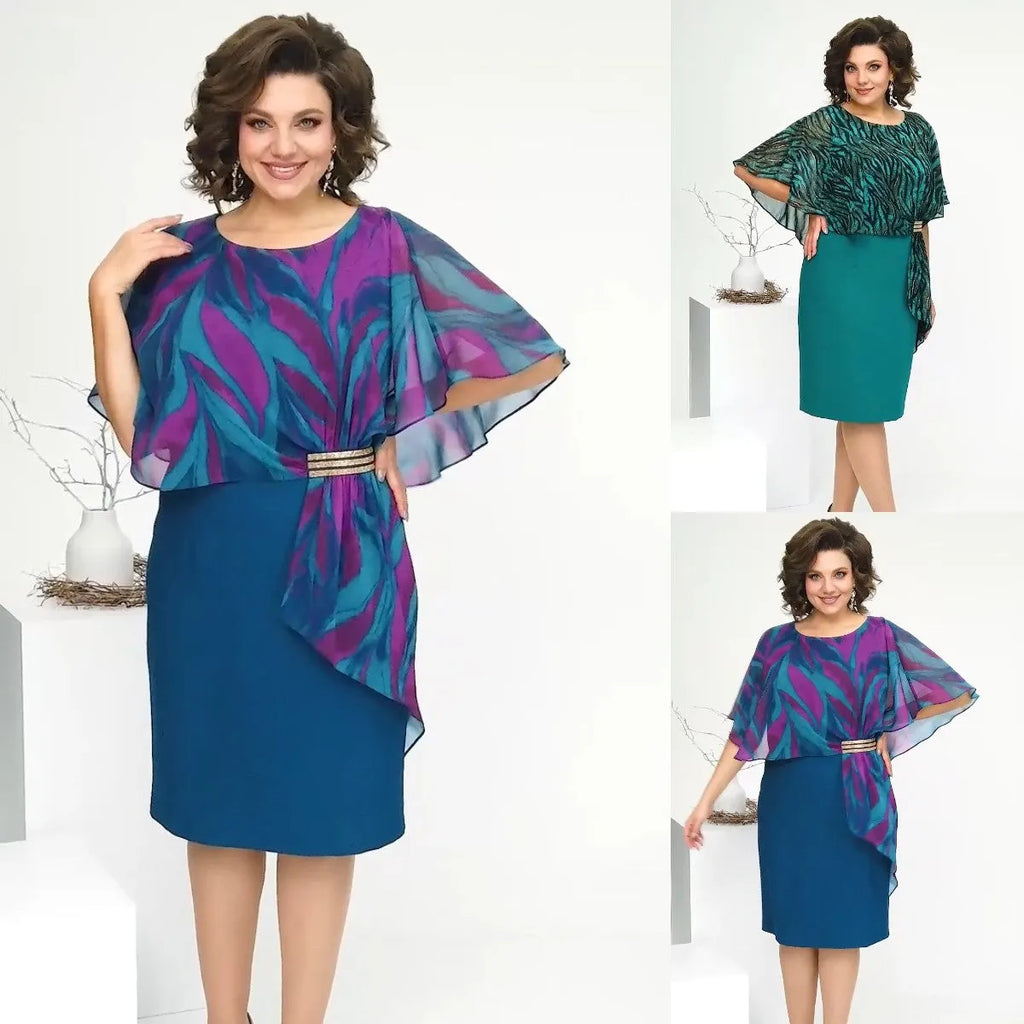 LEONORA | GEPRINTE CAPE OVERLAY GESCHOREN MIDI JURK