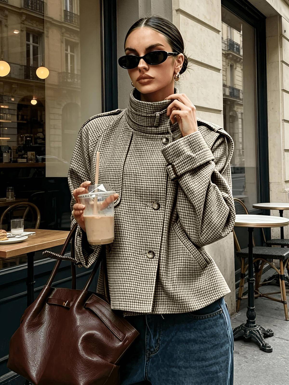 Margaux | Houndstooth Staande-Kraag Jas