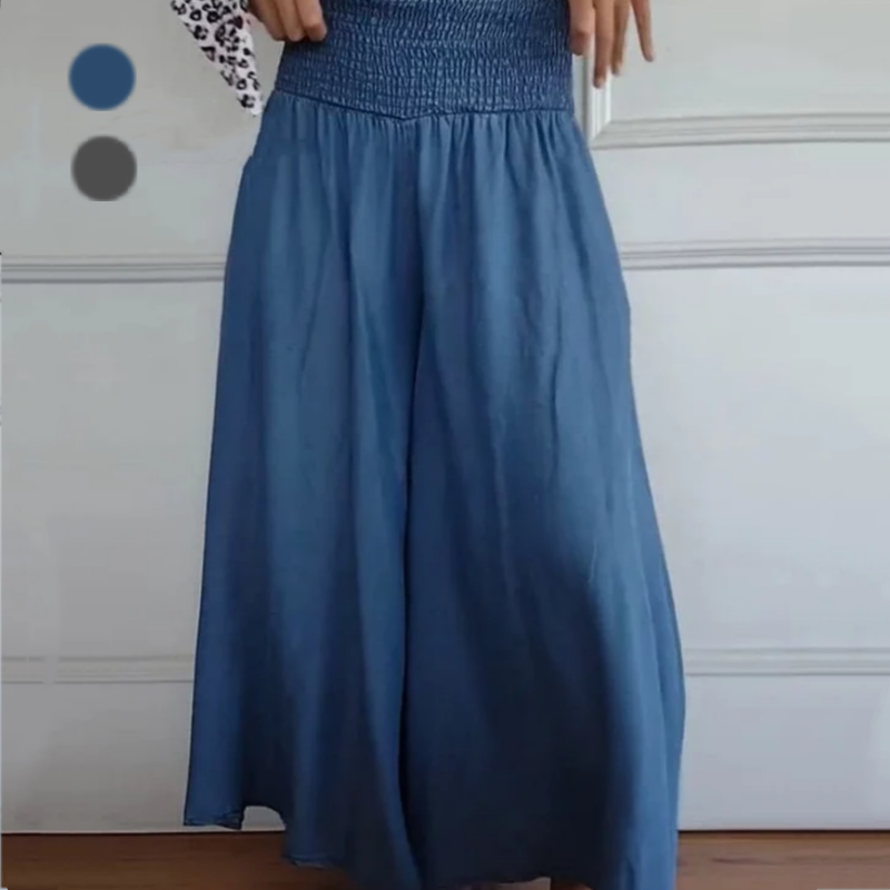 BLYTHE | BREDE-PANTY HOOG-WAIST SMOCKED DENIM BROEKEN